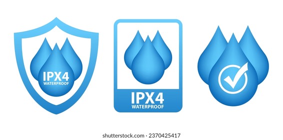 Ipx4 waterproof vector symbol. Water resistant with water drop icon. Rainproof badge label sign. Used for package. Vector illustration