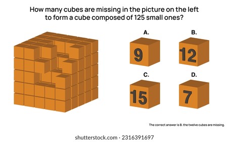 IQ abstract logical reasoning question. How many cubes are missing in the picture on the left to form a large cube composed of 125 small ones?