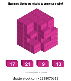 IQ abstract logical reasoning question. How many blocks are missing in this picture to form a cube composed of 108 blocks?