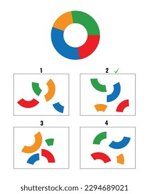 IQ abstract reasoning colorful test with four one main pie chart and four pie chart parts sets