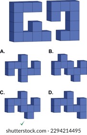 IQ abstract reasoning question with one main object made of cubes and four options