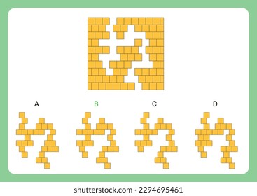 IQ abstract reasoning test with one main object a wall from where bricks are missing and four sets of building bricks at the bottom as given options. Option B is the correct answer.