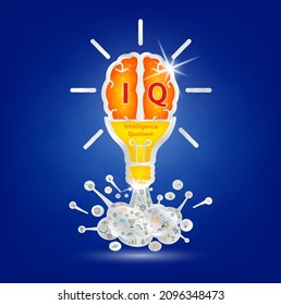 IQ Emotional intelligence. Heart and brain on balance scale symbol. Intelligence Quotient of a child. Design logo products in the form of the brain, light bulb orange on a blue background. Vector.