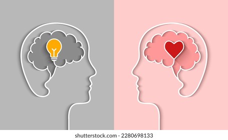 IQ and EQ concept with head silhouette, profile outline, brain, light bulb and heart shape as conceptual symbol. Emotional and intelligence quotient or right and left brain and cerebral hemispheres.