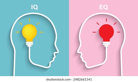 IQ and EQ concept with head silhouette. Heads of two persons one with emotional vs intelligence quotient. Vector illustration design for template design, business, web, brochure and banner.