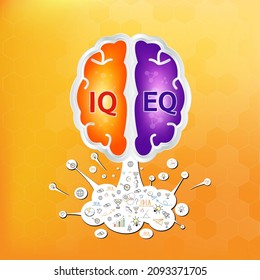 IQ and EQ. Emotional intelligence. Heart and brain on balanced scale symbol. Intelligence Quotient and Emotional Quotient of a child. Design logo products in the form of the brain. Vector EPS10.