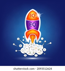 IQ and EQ. Emotional intelligence. Heart and brain on balanced scale symbol. Intelligence Quotient and Emotional Quotient of a child. Design logo products in the form of the spaceship shape. Vector.