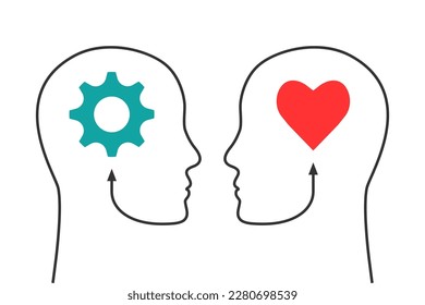 IQ and EQ, emotional and intelligence quotient concept. Head silhouette, gear and heart shape symbol.