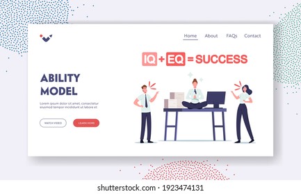 Iq and Eq Equal Success Ability Model Landing Page Template. Office People Quarrel at Working Desk with Relaxed Businesswoman Meditate. Empathy, Emotional Intelligence. Cartoon Vector Illustration