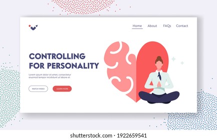 Iq and Eq Intelligence, Balance and Harmony Landing Page Template. Relaxed Female Character Meditate near Huge Heart Separated on Two Parts Feelings and Brain. Cartoon Vector Illustration