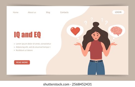 IQ and EQ. Landing page template. Woman make decision consider emotion and wisdom. Flat design. Vector illustration in cartoon style. Vector illustration in flat cartoon style.