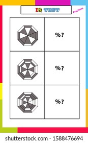 iq and fractions test. Choose correct answer. Set of logical tasks composed of geometric shapes. Vector illustration. algorithm.