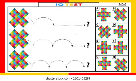 iq and fractions test. Choose correct answer. Set of logical tasks composed of geometric shapes. Vector illustration. algorithm.