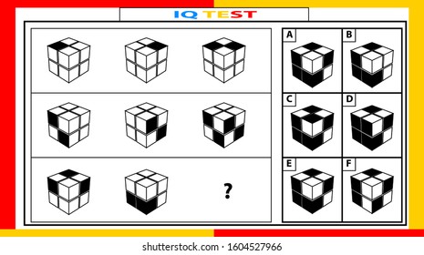 iq and fractions test. Choose correct answer. Set of logical tasks composed of geometric shapes. Vector illustration. algorithm.