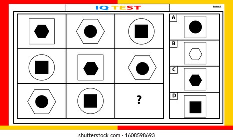 iq and fractions test. Choose correct answer. Set of logical tasks composed of geometric shapes. Vector illustration. algorithm.