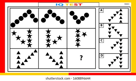 iq and fractions test. Choose correct answer. Set of logical tasks composed of geometric shapes. Vector illustration. algorithm.