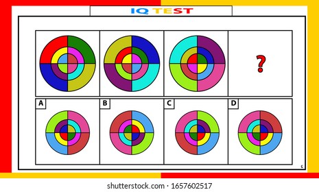iq and fractions test. Choose correct answer. Set of logical tasks composed of geometric shapes. Vector illustration. algorithm.