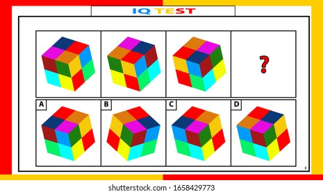 iq and fractions test. Choose correct answer. Set of logical tasks composed of geometric shapes. Vector illustration. algorithm.