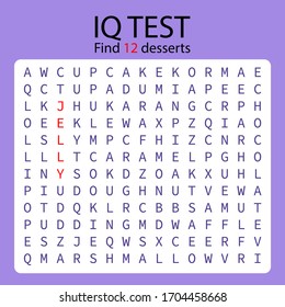 IQ Game - crossword, find 12 hidden desserts / worksheet