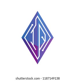 IQ Initial letter block chain logo icon vector template. Looping mono line circuit letter on rhombus cube logo