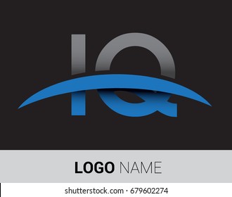 IQ initial logo company name colored grey and blue swoosh design.
