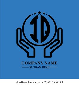 IQ initials held within hands, symbolizing trust and protection. The circle represents unity, while stars highlight excellence and ambition.