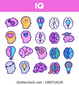 IQ, Intellect Linear Vector Icons Set. Intelligence Coefficient, IQ Thin Line Contour Symbols. Brain Power Pictograms Collection. Genius, Brainstorm. Lightbulb, Human Head Outline Illustrations