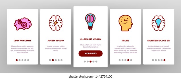 IQ, Intellect Vector Icons Onboarding Mobile App Page Screen. Intelligence Coefficient, IQ Thin Line Contour Symbols. Brain Power Pictograms. Genius, Brainstorm. Lightbulb, Human Head Illustrations