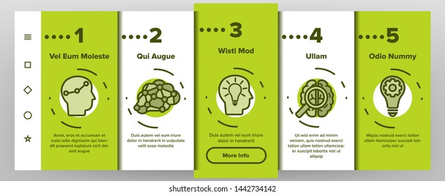 IQ, Intellect Vector Icons Onboarding Mobile App Page Screen. Intelligence Coefficient, IQ Thin Line Contour Symbols. Brain Power Pictograms. Genius, Brainstorm. Lightbulb, Human Head Illustrations