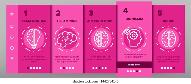 IQ, Intellect Vector Icons Onboarding Mobile App Page Screen. Intelligence Coefficient, IQ Thin Line Contour Symbols. Brain Power Pictograms. Genius, Brainstorm. Lightbulb, Human Head Illustrations