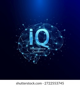 Símbolo do Quociente de Inteligência de QI no cérebro humano. Polígono de estilo azul brilhante em um plano de fundo escuro. Equilíbrio de inteligência da criança. Conceito de crescimento de desenvolvimento de liderança. Vetor.
