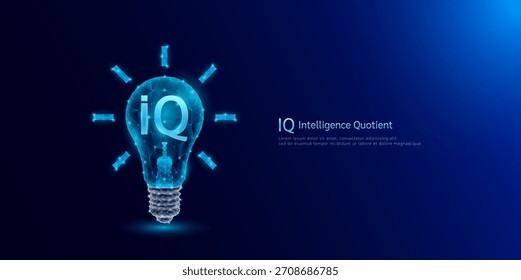 Símbolo de Quociente de Inteligência IQ em polígono estilo lâmpada azul brilhante em um fundo escuro . Equilíbrio de inteligência emocional do cérebro infantil. Conceito de crescimento de desenvolvimento de liderança. Vetor.