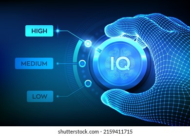 IQ levels knob button. Increasing Intelligence Quotient Level. Wireframe hand setting IQ button on highest position. Intelligence testing concept. Vector illustration.