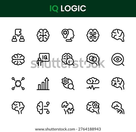 IQ logic icon set. Professional minimalist IQ logic modern line icon bundle, brain activity symbols, logic puzzle visuals, intelligence icons, refined thinking elements