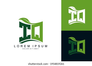 IQ logo monogram with green leaf nature organic bio curved shape premium vector design template