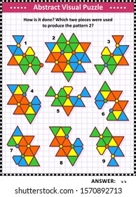 IQ, memory and spacial reasoning skills training abstract visual puzzle: How is it done? Which two pieces were used to produce the pattern 2? Answer included.