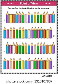 IQ, memory and spacial skills training visual puzzle with colored pencils: Find the back side view of the row 1. Answer included.