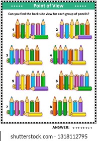 IQ, memory and spacial skills training visual puzzle with colored pencils: Find the back side view for each group of pencils. Answer included.
