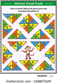 IQ, memory and spacial skills training abstract visual puzzle: How is it done? Which two pieces were used to produce the pattern 2? Answer included.