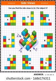 IQ, memory and spatial reasoning training educational math puzzle with building blocks: Can you find the side views A, B, C for object 5? Answer included.