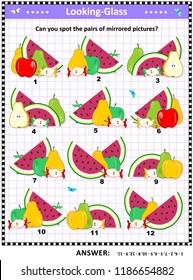 IQ, memory and spatial skills training visual puzzle with fruit and berry: Can you spot the pairs of mirrored pictures? Answer included.