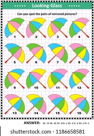 IQ, memory and spatial skills training visual abstract puzzle with colorful umbrellas: Can you spot the pairs of mirrored pictures? Answer included.