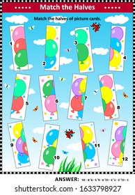 IQ And Spatial Reasoning Skills Training Visual Puzzle With Colorful Balloons: Match The Halves Of Picture Cards. Answer Included.