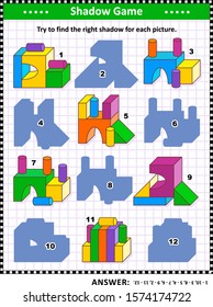 IQ And Spatial Reasoning Training Visual Puzzle Or Picture Riddle: Try To Find The Right Shadow For Every Building Blocks Construction. Answer Included.