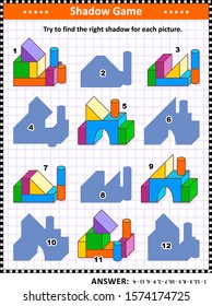 IQ And Spatial Reasoning Training Visual Puzzle Or Picture Riddle: Try To Find The Right Shadow For Every Building Blocks Construction. Answer Included.