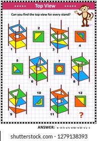 IQ and spatial skills training educational math puzzle: Find the top view for every object - colorful abstract book stand. Answer included.