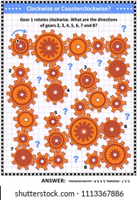 IQ and spatial skills training visual puzzle with gears rotating clockwise and counterclockwise. Answer included.