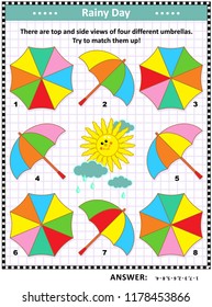 IQ and spatial skills training visual puzzle with colorful umbrellas: There are top and side views of four different umbrellas. Try to match them up! Answer included.
