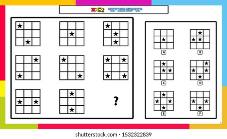 IQ test. Choose correct answer. Set of logical tasks composed of geometric shapes. Vector illustration. 
