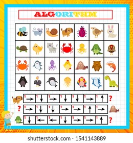 IQ test. Choose correct answer. Set of logical tasks composed of geometric shapes. Vector illustration. algorithm.